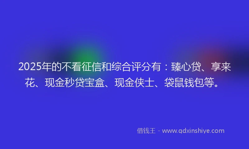 2025年的不看征信和综合评分有：臻心贷、享来花、现金秒贷宝盒、现金侠士、袋鼠钱包等。