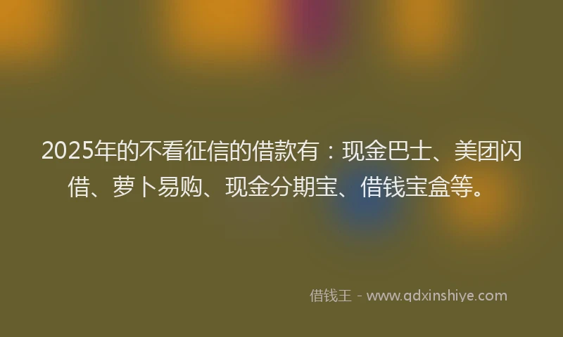 2025年的不看征信的借款有：现金巴士、美团闪借、萝卜易购、现金分期宝、借钱宝盒等。