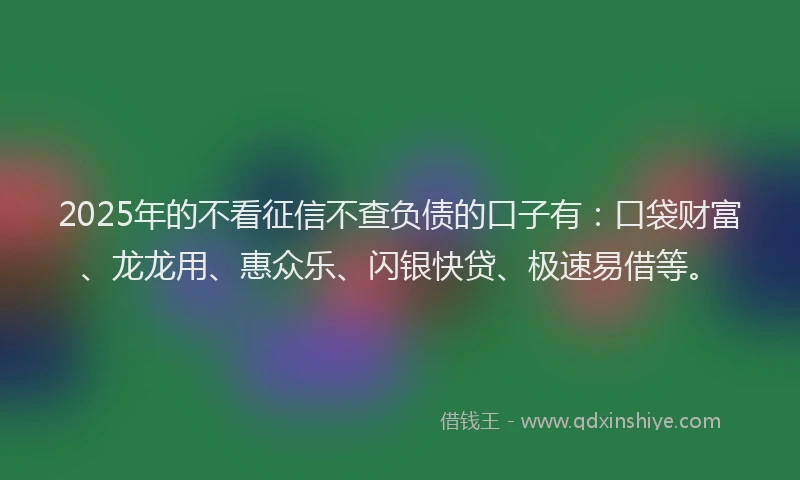 2025年的不看征信不查负债的口子有：口袋财富、龙龙用、惠众乐、闪银快贷、极速易借等。