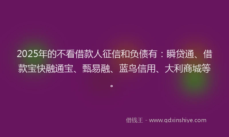 2025年的不看借款人征信和负债有：瞬贷通、借款宝快融通宝、甄易融、蓝鸟信用、大利商城等。
