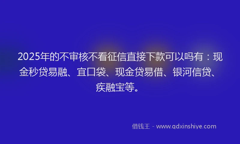 2025年的不审核不看征信直接下款可以吗有:现金秒贷易融、宜口袋、现金贷易借、银河信贷、疾融宝等。