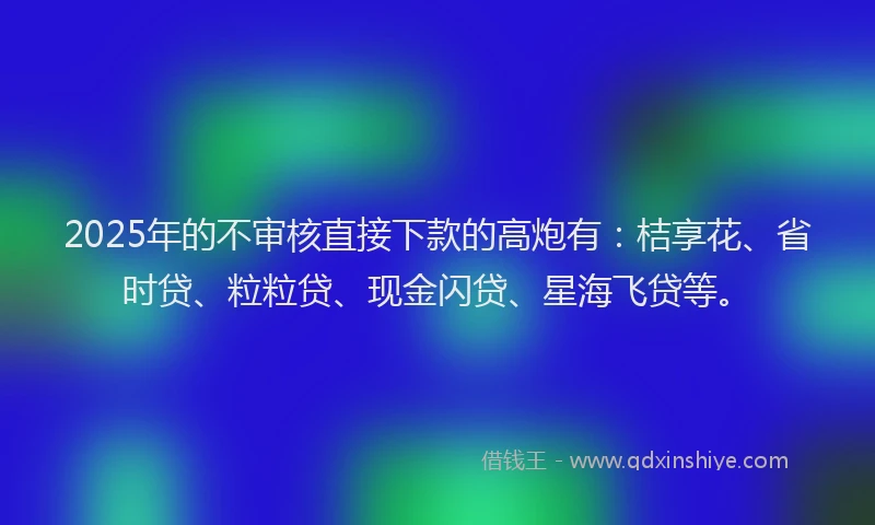 2025年的不审核直接下款的高炮有：桔享花、省时贷、粒粒贷、现金闪贷、星海飞贷等。