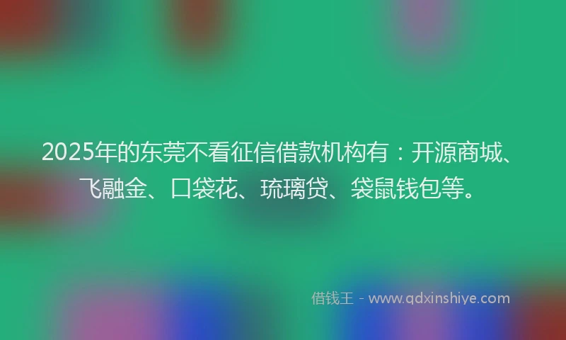 2025年的东莞不看征信借款机构有：开源商城、飞融金、口袋花、琉璃贷、袋鼠钱包等。