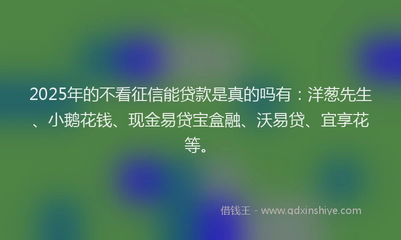2025年的不看征信能贷款是真的吗有：洋葱先生、小鹅花钱、现金易贷宝盒融、沃易贷、宜享花等。