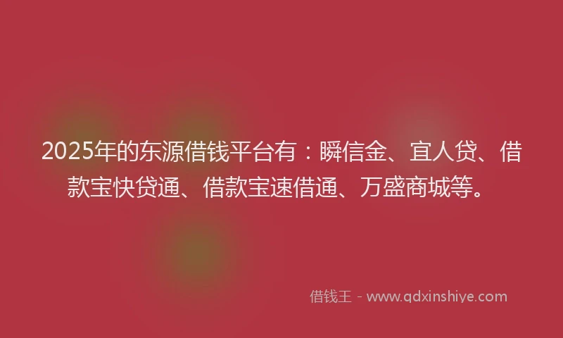 2025年的东源借钱平台有：瞬信金、宜人贷、借款宝快贷通、借款宝速借通、万盛商城等。