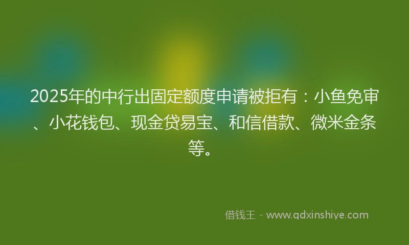 2025年的中行出固定额度申请被拒有：小鱼免审、小花钱包、现金贷易宝、和信借款、微米金条等。