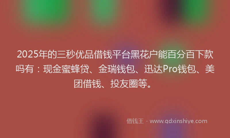 2025年的三秒优品借钱平台黑花户能百分百下款吗有：现金蜜蜂贷、金瑞钱包、迅达Pro钱包、美团借钱、投友圈等。