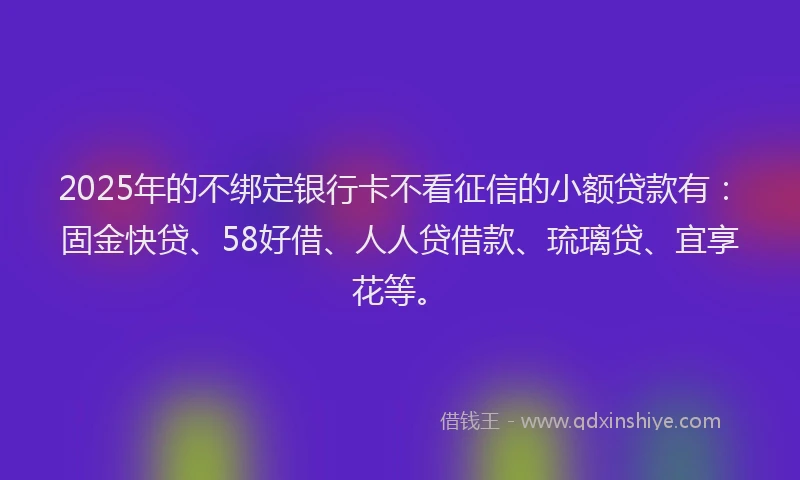 2025年的不绑定银行卡不看征信的小额贷款有：固金快贷、58好借、人人贷借款、琉璃贷、宜享花等。