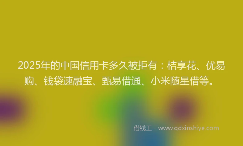 2025年的中国信用卡多久被拒有：桔享花、优易购、钱袋速融宝、甄易借通、小米随星借等。