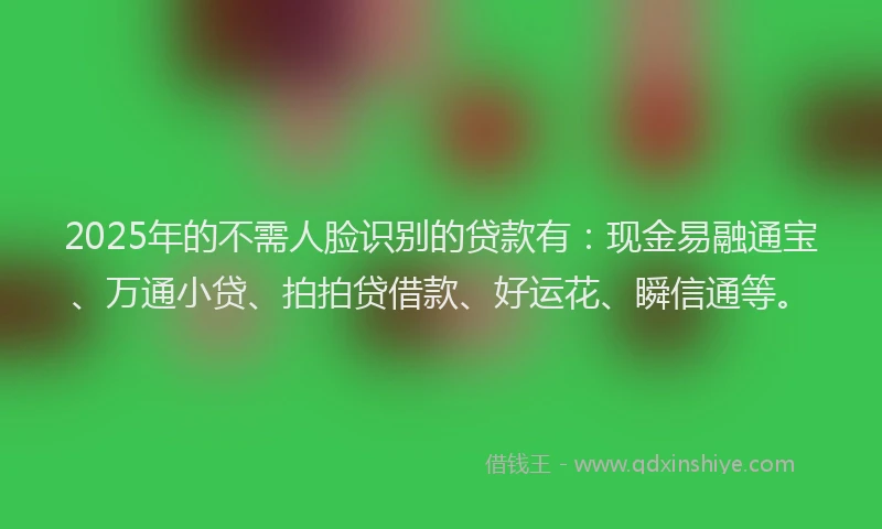 2025年的不需人脸识别的贷款有：现金易融通宝、万通小贷、拍拍贷借款、好运花、瞬信通等。