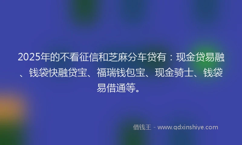 2025年的不看征信和芝麻分车贷有：现金贷易融、钱袋快融贷宝、福瑞钱包宝、现金骑士、钱袋易借通等。