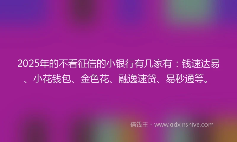 2025年的不看征信的小银行有几家有：钱速达易、小花钱包、金色花、融逸速贷、易秒通等。