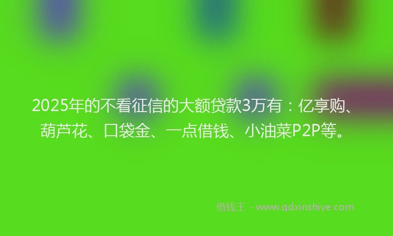 2025年的不看征信的大额贷款3万有：亿享购、葫芦花、口袋金、一点借钱、小油菜P2P等。