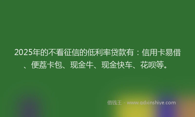 2025年的不看征信的低利率贷款有：信用卡易借、便荔卡包、现金牛、现金快车、花呗等。