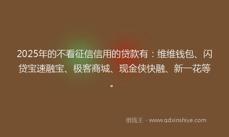 2025年的不看征信信用的贷款有：维维钱包、闪贷宝速融宝、极客商城、现金侠快融、新一花等。