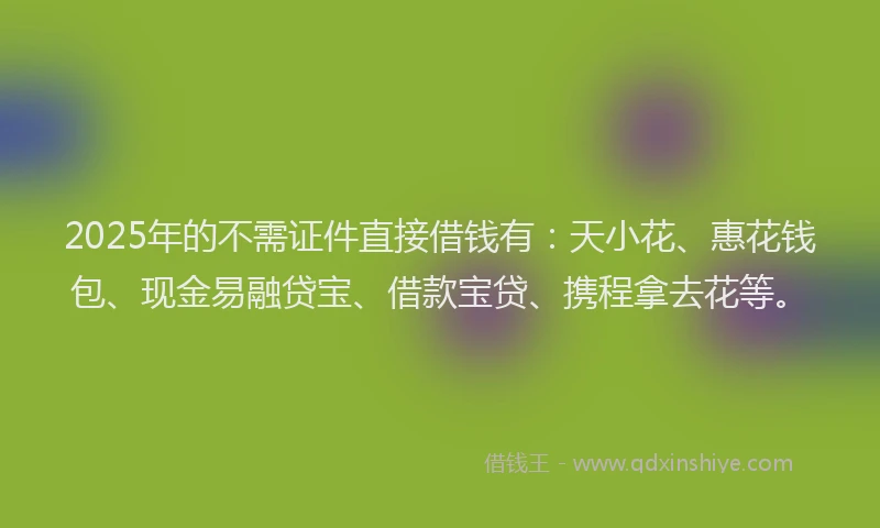 2025年的不需证件直接借钱有：天小花、惠花钱包、现金易融贷宝、借款宝贷、携程拿去花等。