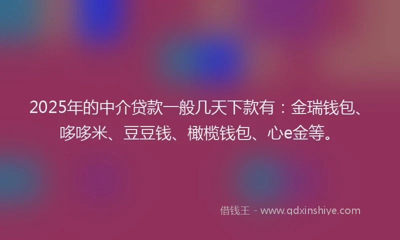 2025年的中介贷款一般几天下款有:金瑞钱包、哆哆米、豆豆钱、橄榄钱包、心e金等。