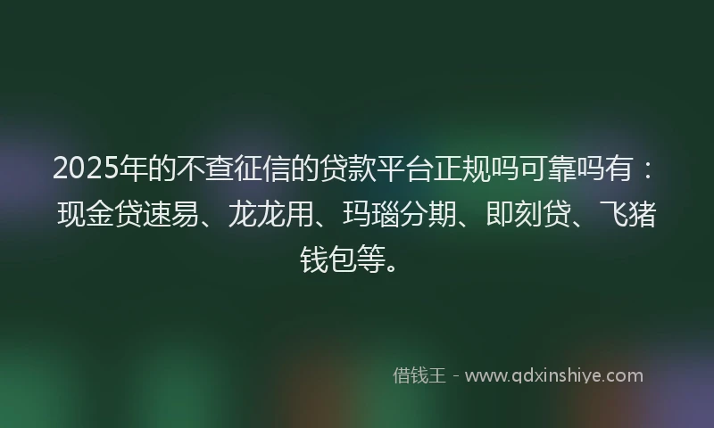 2025年的不查征信的贷款平台正规吗可靠吗有：现金贷速易、龙龙用、玛瑙分期、即刻贷、飞猪钱包等。