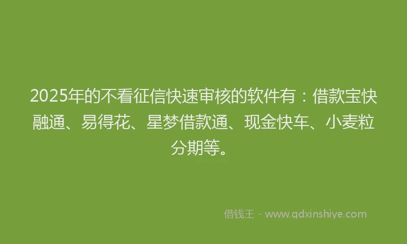 2025年的不看征信快速审核的软件有：借款宝快融通、易得花、星梦借款通、现金快车、小麦粒分期等。