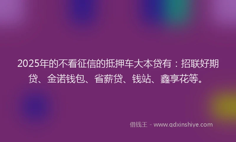 2025年的不看征信的抵押车大本贷有：招联好期贷、金诺钱包、省薪贷、钱站、鑫享花等。