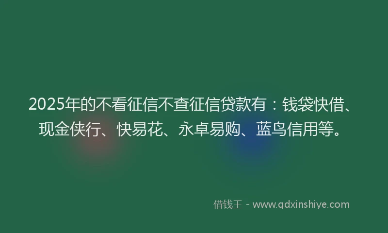 2025年的不看征信不查征信贷款有：钱袋快借、现金侠行、快易花、永卓易购、蓝鸟信用等。