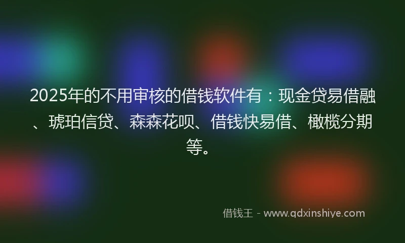 2025年的不用审核的借钱软件有：现金贷易借融、琥珀信贷、森森花呗、借钱快易借、橄榄分期等。