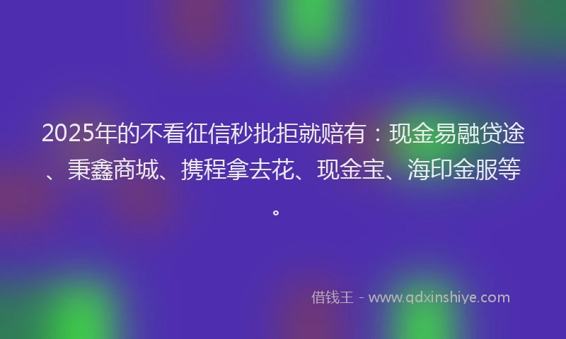 2025年的不看征信秒批拒就赔有：现金易融贷途、秉鑫商城、携程拿去花、现金宝、海印金服等。