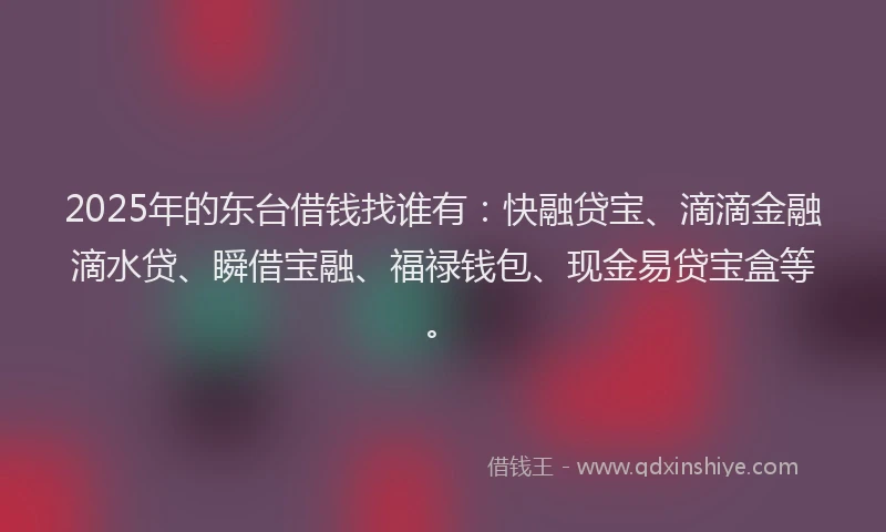 2025年的东台借钱找谁有：快融贷宝、滴滴金融滴水贷、瞬借宝融、福禄钱包、现金易贷宝盒等。