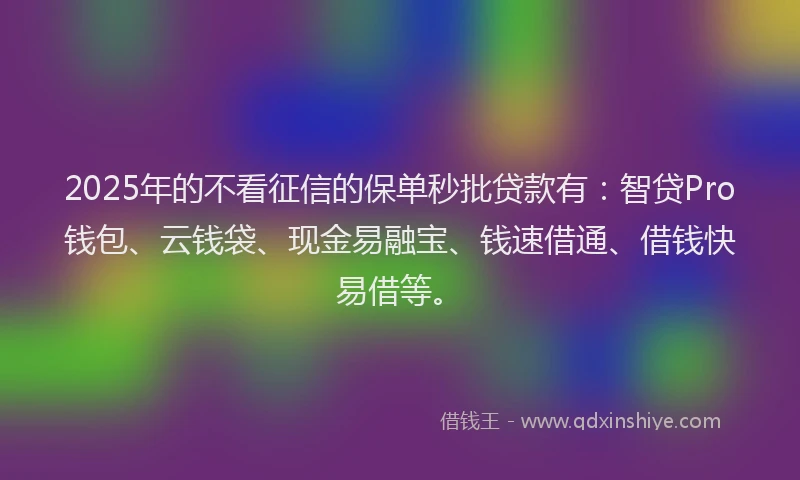 2025年的不看征信的保单秒批贷款有：智贷Pro钱包、云钱袋、现金易融宝、钱速借通、借钱快易借等。