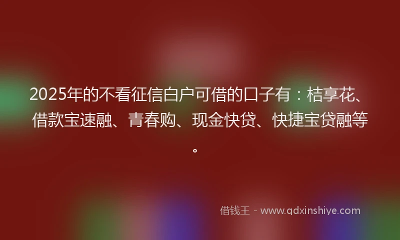 2025年的不看征信白户可借的口子有：桔享花、借款宝速融、青春购、现金快贷、快捷宝贷融等。