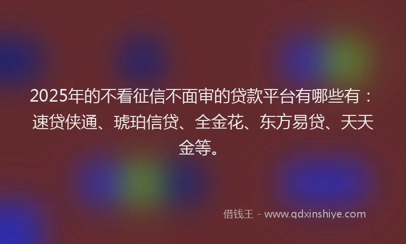 2025年的不看征信不面审的贷款平台有哪些有：速贷侠通、琥珀信贷、全金花、东方易贷、天天金等。