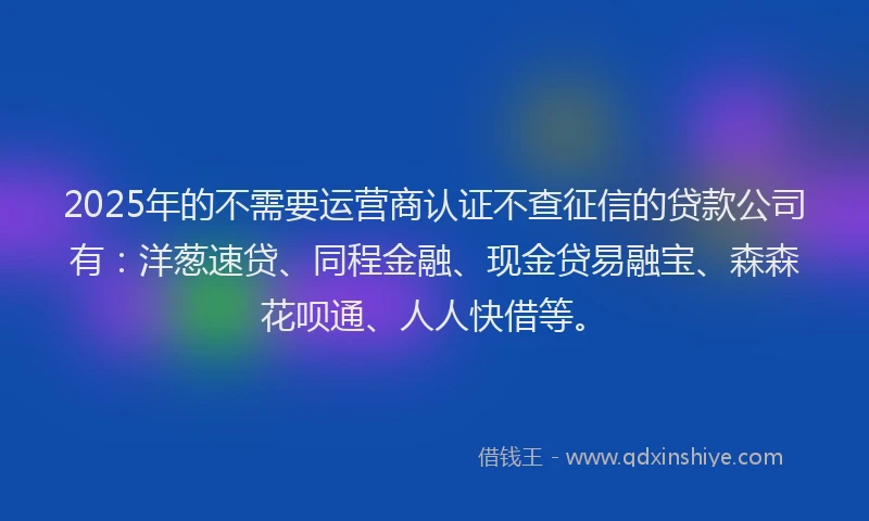 2025年的不需要运营商认证不查征信的贷款公司有：洋葱速贷、同程金融、现金贷易融宝、森森花呗通、人人快借等。