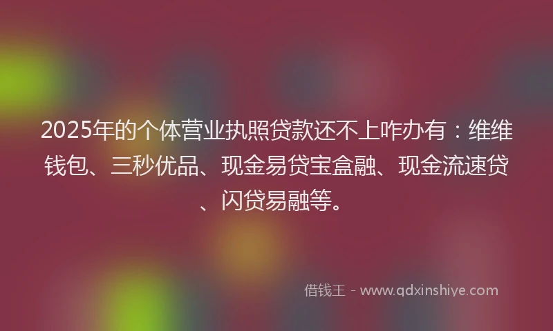 2025年的个体营业执照贷款还不上咋办有：维维钱包、三秒优品、现金易贷宝盒融、现金流速贷、闪贷易融等。