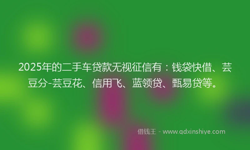 2025年的二手车贷款无视征信有：钱袋快借、芸豆分-芸豆花、信用飞、蓝领贷、甄易贷等。