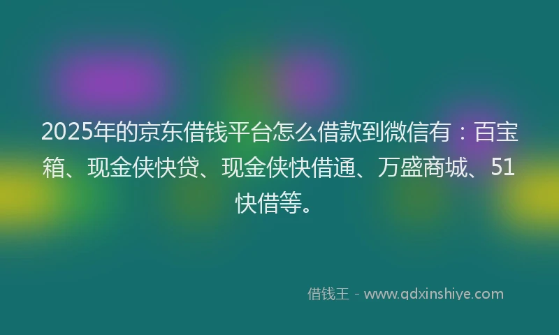 2025年的京东借钱平台怎么借款到微信有:百宝箱、现金侠快贷、现金侠快借通、万盛商城、51快借等。