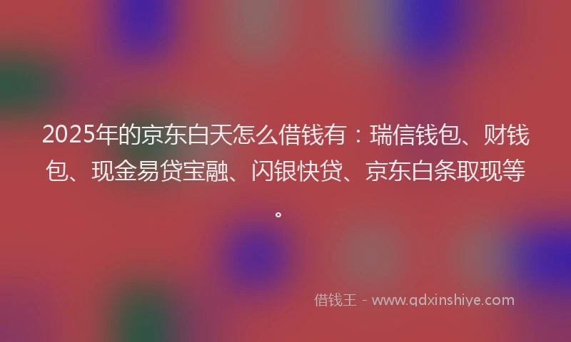 2025年的京东白天怎么借钱有：瑞信钱包、财钱包、现金易贷宝融、闪银快贷、京东白条取现等。
