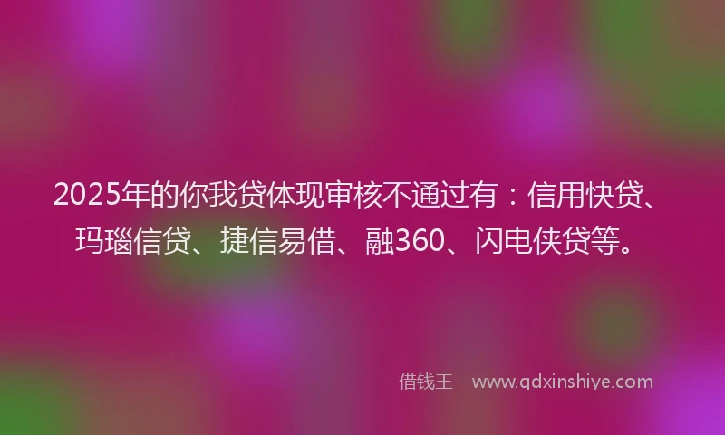 2025年的你我贷体现审核不通过有：信用快贷、玛瑙信贷、捷信易借、融360、闪电侠贷等。