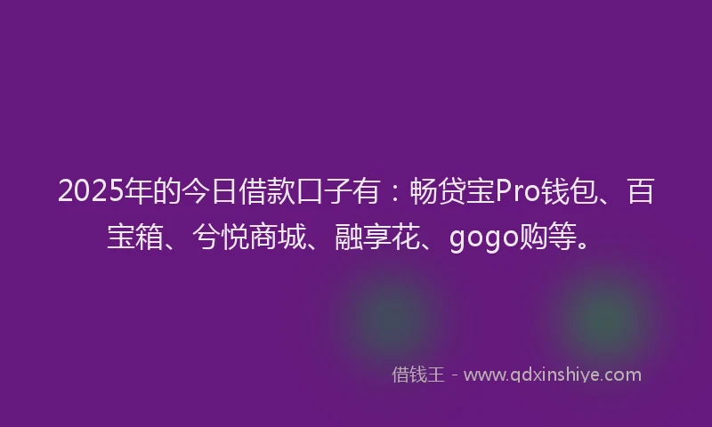 2025年的今日借款口子有：畅贷宝Pro钱包、百宝箱、兮悦商城、融享花、gogo购等。
