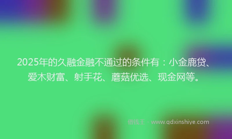 2025年的久融金融不通过的条件有：小金鹿贷、爱木财富、射手花、蘑菇优选、现金网等。