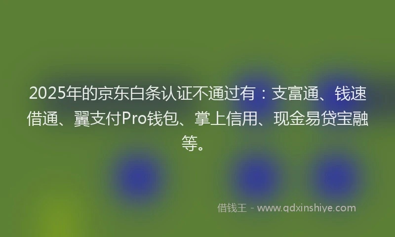 2025年的京东白条认证不通过有：支富通、钱速借通、翼支付Pro钱包、掌上信用、现金易贷宝融等。