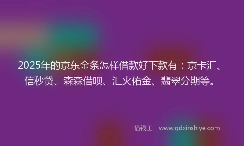 2025年的京东金条怎样借款好下款有：京卡汇、信秒贷、森森借呗、汇火佑金、翡翠分期等。