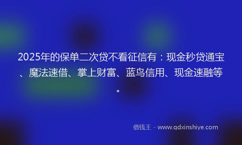2025年的保单二次贷不看征信有：现金秒贷通宝、魔法速借、掌上财富、蓝鸟信用、现金速融等。