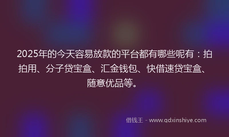 2025年的今天容易放款的平台都有哪些呢有：拍拍用、分子贷宝盒、汇金钱包、快借速贷宝盒、随意优品等。