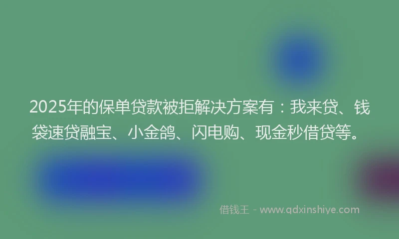 2025年的保单贷款被拒解决方案有：我来贷、钱袋速贷融宝、小金鸽、闪电购、现金秒借贷等。