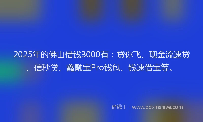 2025年的佛山借钱3000有：贷你飞、现金流速贷、信秒贷、鑫融宝Pro钱包、钱速借宝等。