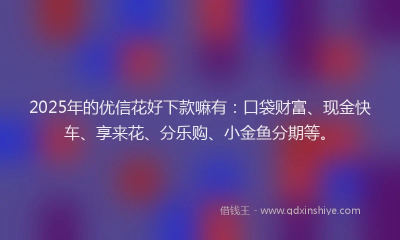2025年的优信花好下款嘛有：口袋财富、现金快车、享来花、分乐购、小金鱼分期等。