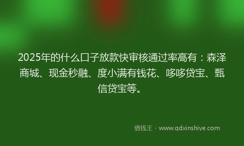 2025年的什么口子放款快审核通过率高有:森泽商城、现金秒融、度小满有钱花、哆哆贷宝、甄信贷宝等。