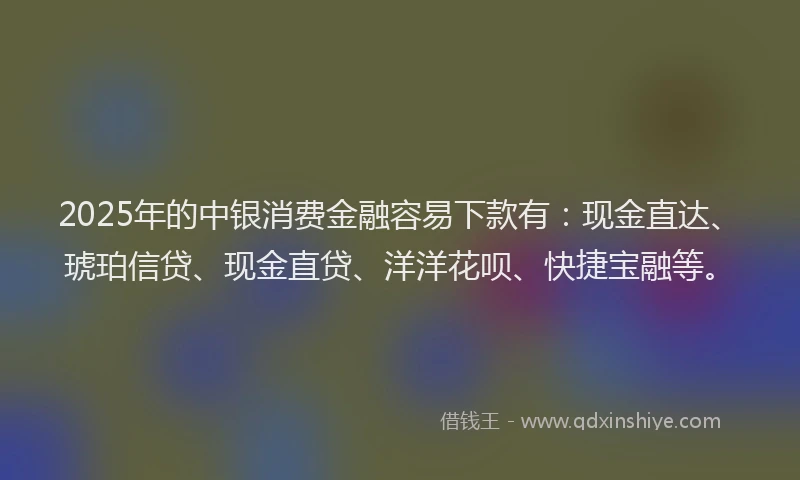 2025年的中银消费金融容易下款有:现金直达、琥珀信贷、现金直贷、洋洋花呗、快捷宝融等。