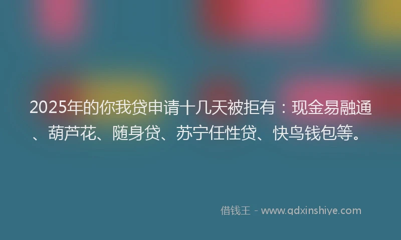 2025年的你我贷申请十几天被拒有：现金易融通、葫芦花、随身贷、苏宁任性贷、快鸟钱包等。