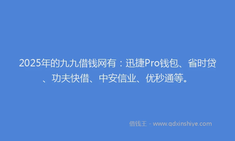 2025年的九九借钱网有:迅捷Pro钱包、省时贷、功夫快借、中安信业、优秒通等。